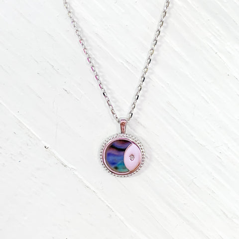 Silver Tone Abalone Moon Disc Fashion Necklace