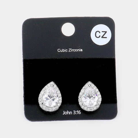 Fashion Silver Tone CZ Teardrop Studs