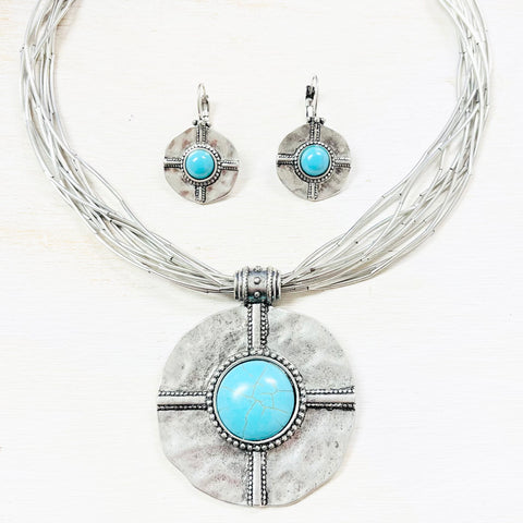 Fashion Silver Tone Turquoise Pendant Necklace Set