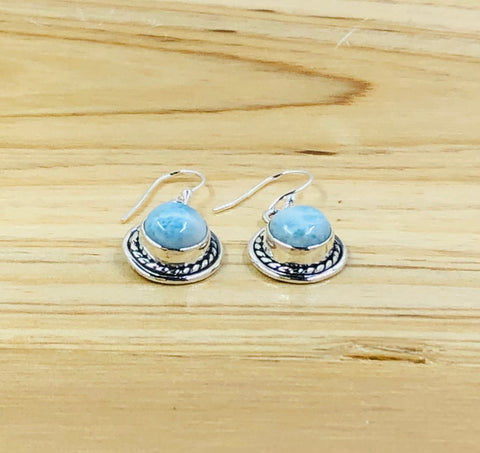 Sterling Silver Round Larimar Earrings with Silver Twist