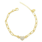 Linked Paper Clip Chain Pave Heart Bracelet