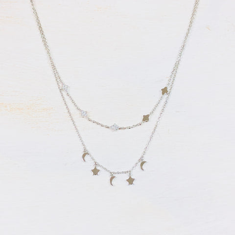 Sterling Silver Moon & Stars Double Strand Necklace w/ CZ Accents