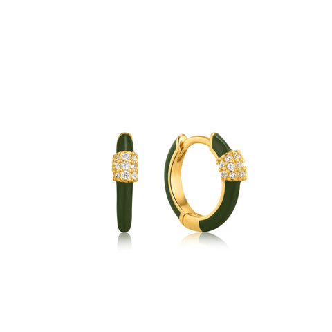 Forest Green Enamel Carabiner Gold Huggie Hoops