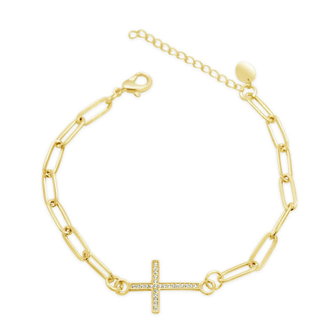 Linked Paper Clip Chain Pave Cross Bracelet- Gold Plated