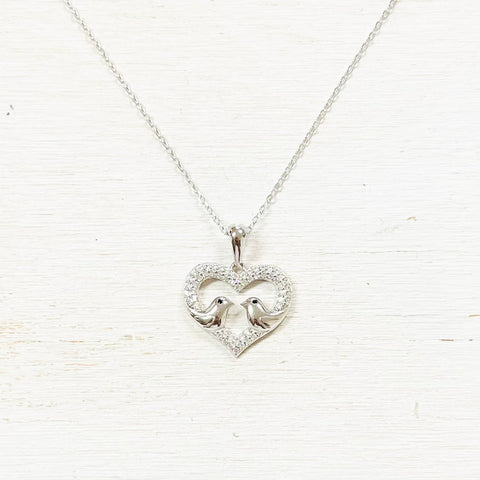 Sterling Silver CZ Love Birds Heart Necklace