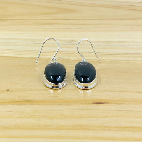 Sterling Silver Black Onyx Oval Dangle Earrings