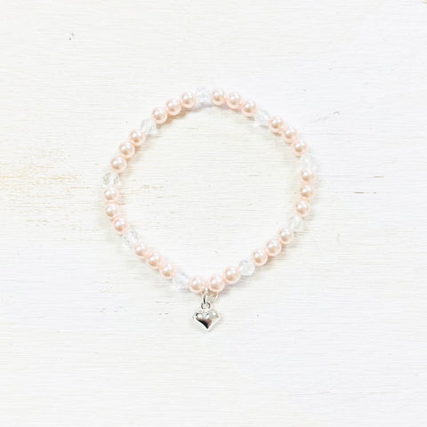 Sterling Silver Children’s Pink Pearl Stretch Bracelet w/ Heart Charm