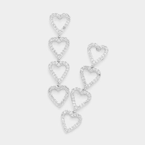 Fashion Silver Tone CZ Heart Dangle Earrings