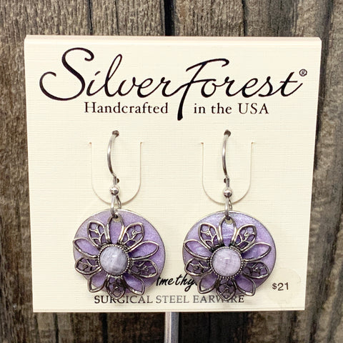 Silver and Amethyst Flower Earrings