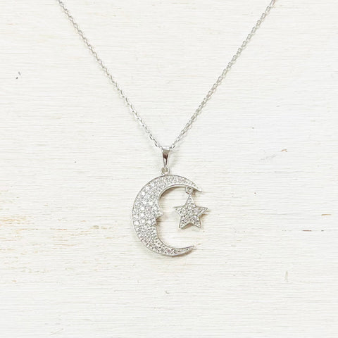 Sterling Silver CZ Moon and Star Necklace