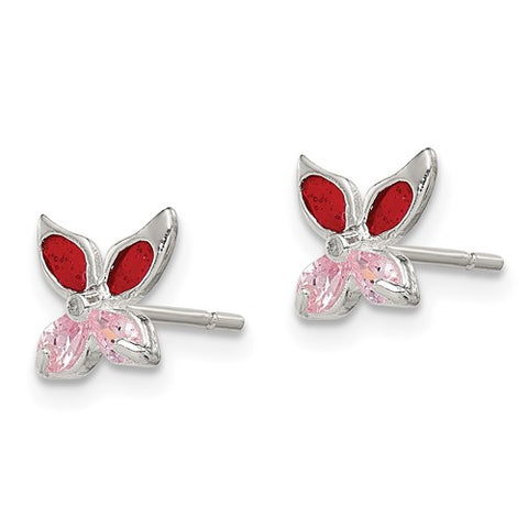 Sterling Silver Red and Pink CZ Butterfly Studs