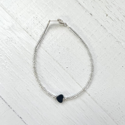 Sterling Silver Beaded Bracelet with Black Heart Charm