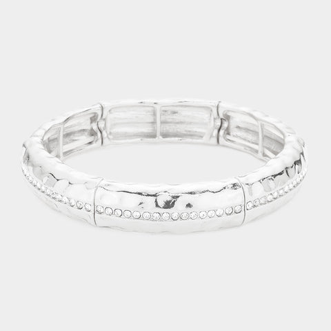 Fashion Rhinestone Hammered Metal Stretch Bracelet