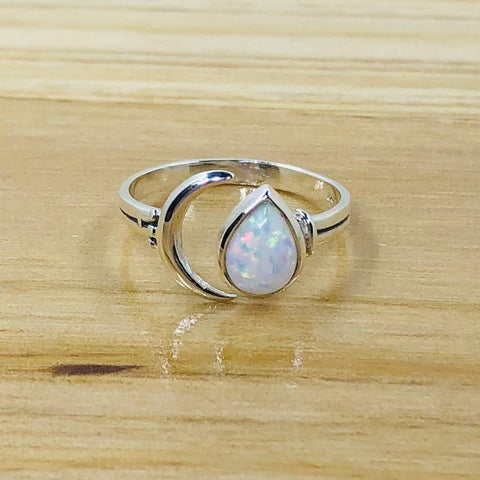 Sterling Silver Adjustable Crescent Moon Ring- Opal