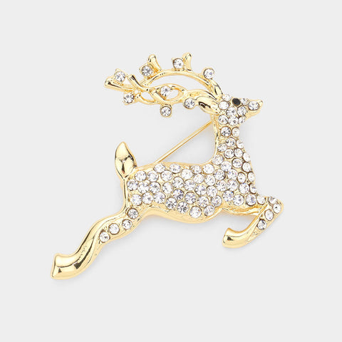 Fashion Gold Tone Rhinestone Reindeer Pin