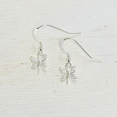 Sterling Silver Dragonfly w/ CZ Dangle Earrings