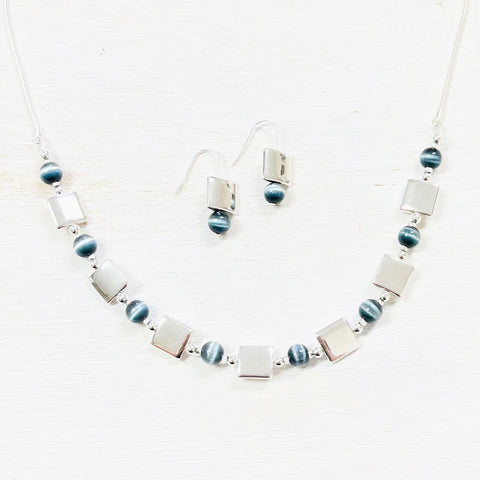 Fashion Silver Tone and Blue Bead Necklace Set