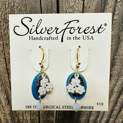 Silver Forest Triple Daisy Blue Earrings