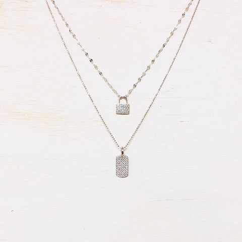 Sterling Silver Double Strand Lock & Tag Necklace w/ CZ Accents