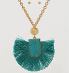 Semiprecious Thread Long Pendant Fan Tassel Necklace Set With Earrings - Turquoise